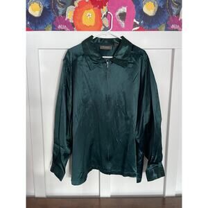 Lane Bryant Deep Emerald Satin Zip-Front Blouse